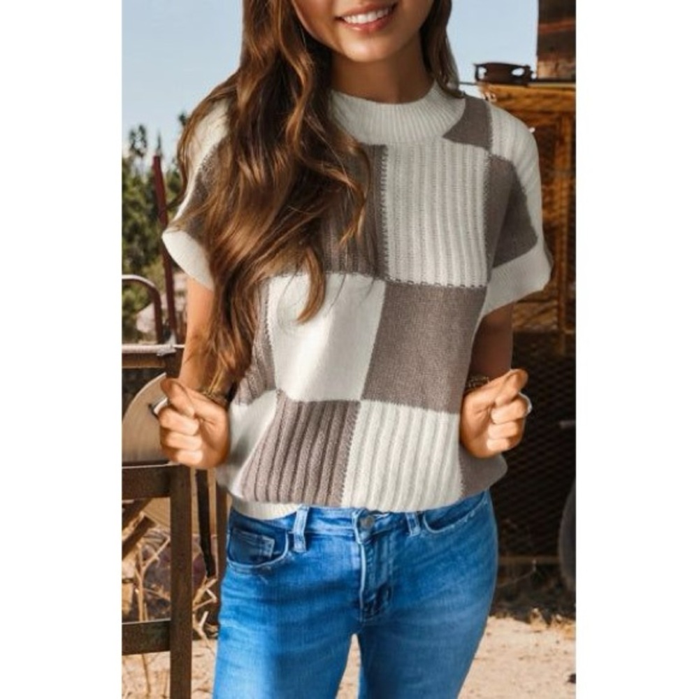 BRAND NEW WITH TAGS Checkered Colorblock Short Sleeve Sweater